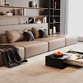 Modern Sectional Sofa With Pillows And Throw Blanket In Cozy Living Room With Bookshelves