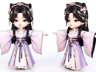 Game and Movie Chibi Character in Traditional Ancient Purple White Patterned Costume with Hair Accessories 3d model