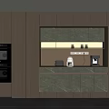 Modern Kitchen Interior Integrated Dark Wooden Sideboard With Marble Countertop And Appliances