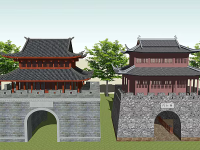 Traditional Chinese Ancient Architecture With Overhanging Eaves Black Tiles Stone Walls Arched Gates And Trees 3d model