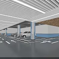 Modern Parking Garage Interior With Cars Direction Arrows And Blue White Walls