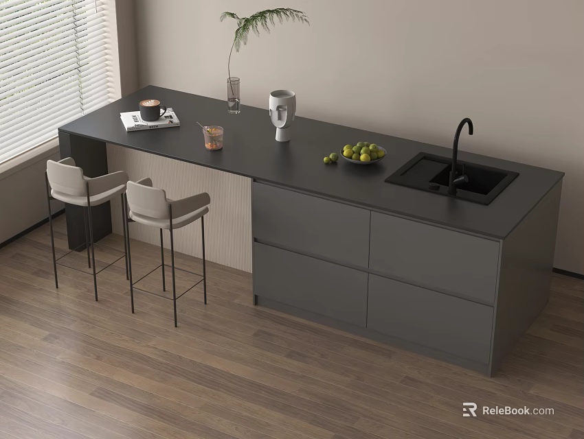 Modern Bar Counter with Black Countertop Light Bar Stools Coffee Machine Fruits Sink and Wooden Floor 3d model 