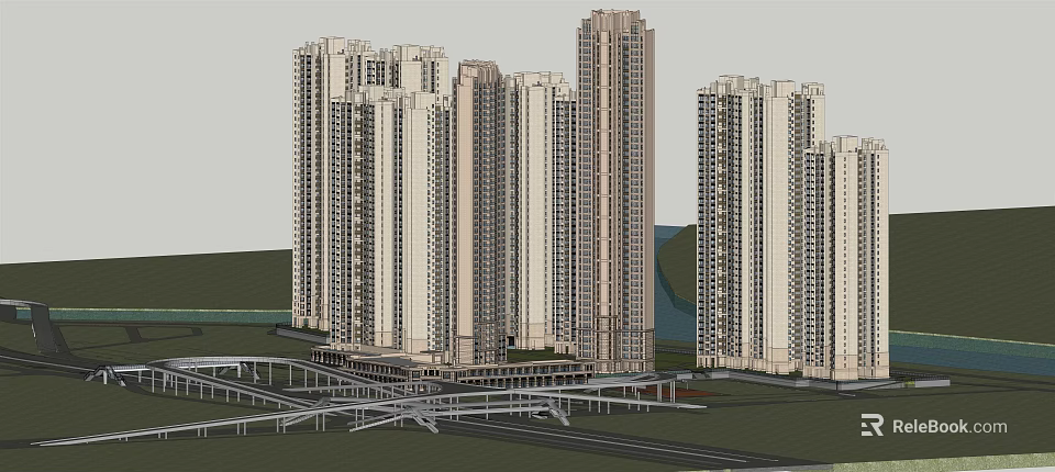 Modern High Rise Residential Buildings Urban Landscape With Surrounding Roadway And Infrastructure 3d model 