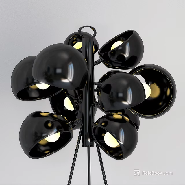 Modern Multi Head Floor Lamp With Black Metallic Shades And Lit Bulbs 3d model 