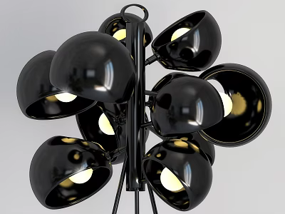 Modern Multi Head Floor Lamp With Black Metallic Shades And Lit Bulbs 3d model