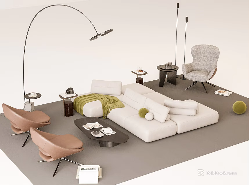 Minimalist Sofa And Coffee Table Set With White Upholstery Pillows Armchairs And Floor Lamp 3d model 