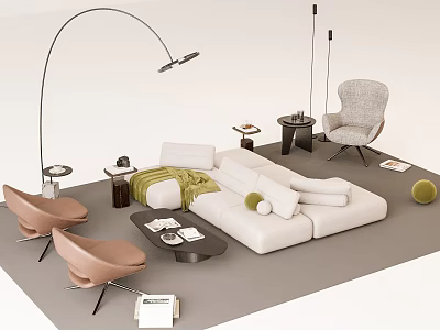 Minimalist Sofa And Coffee Table Set With White Upholstery Pillows Armchairs And Floor Lamp 3d model