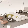 Minimalist Sofa And Coffee Table Set With White Upholstery Pillows Armchairs And Floor Lamp