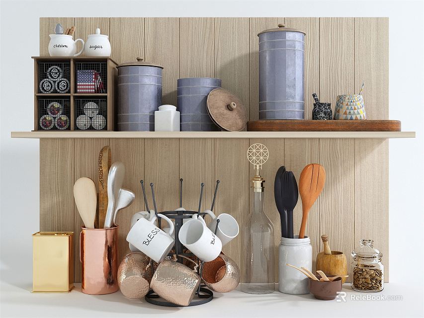 Organized Kitchen Utensils Display With Storage Containers Mugs And Spoons On Wooden Shelf 3d model 