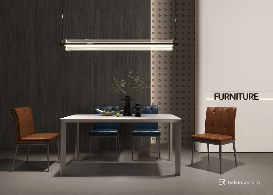 Contemporary Dining Table Set With White Top Brown Blue Leather Chairs And Pendant Lighting 3d model 