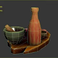 Traditional Kitchen Utensils On Wooden Tray With Mortar Pestle Orange Bottle And Small Green Bowls