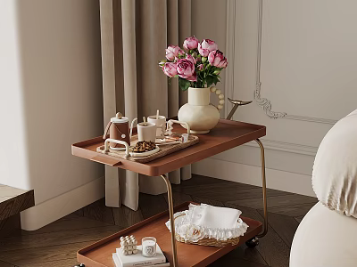 Elegant Wooden Trolley With Pink Flowers White Vase And Tea Set In Living Room 3d model