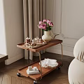 Elegant Wooden Trolley With Pink Flowers White Vase And Tea Set In Living Room