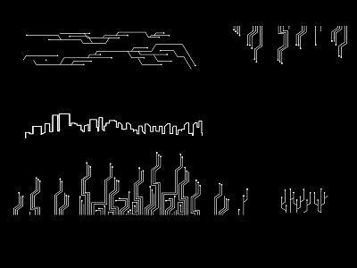Abstract White Line Art Patterns on Black Background Featuring Various Geometric And Organic Designs 3d model