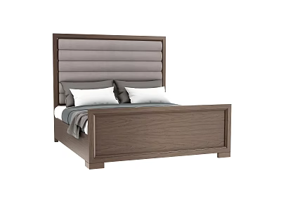 Modern Double Bed with Gray Upholstered Headboard and Wooden Frame Including White Pillows 3d model