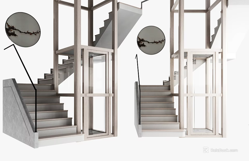 Modern Staircase With Glass Railing And Metal Frame In Interior Design With Circular Wall Art 3d model 