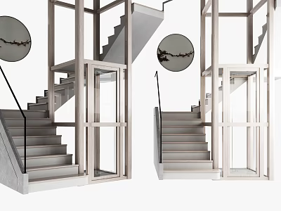 Modern Staircase With Glass Railing And Metal Frame In Interior Design With Circular Wall Art 3d model
