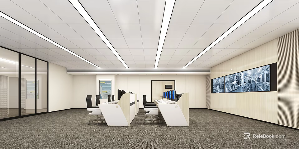 Modern Security Control Room Interior Design With Monitor Wall Control Desks And Office Chairs 3d model 