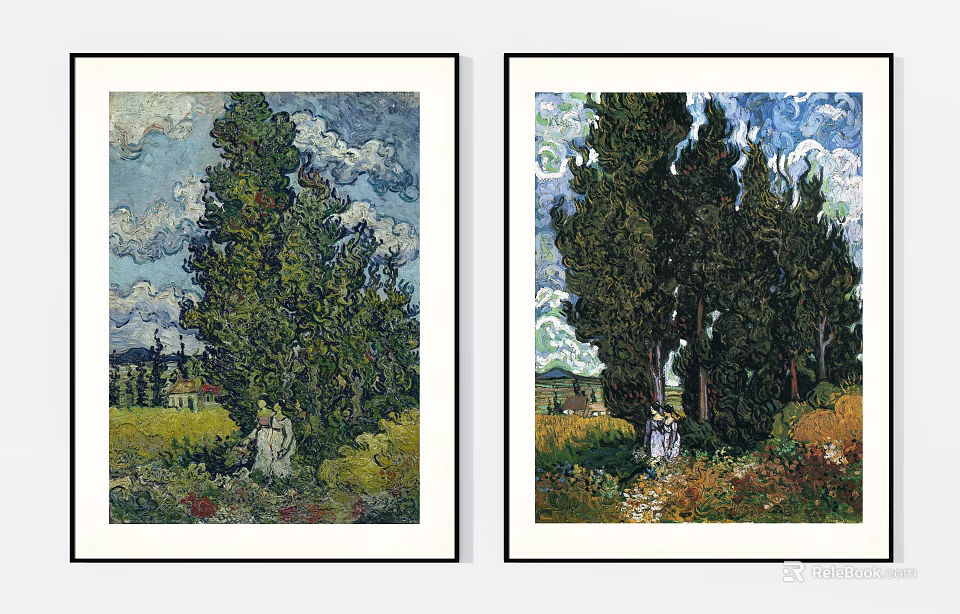Van Gogh Style Botanical Art Double Panel Paintings With Cypress Trees Grass And Figures 3d model 
