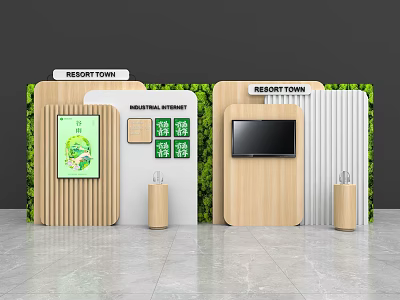 Resort Town Exhibition Booth With Wooden Panels Green Plants And Screen 3d model