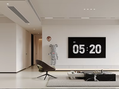 Modern Living and Dining Room with White Walls Large Digital Clock Coffee Table and Rug 3d model