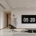 Modern Living and Dining Room with White Walls Large Digital Clock Coffee Table and Rug
