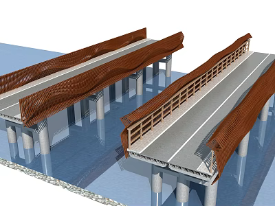 Landscape Bridge Design With Wooden Railings Gray Deck Over Water Supporting Pillars 3d model