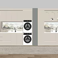 Modern Laundry Room With White Cabinets Washing Machines Dryers Baskets And Mountain Backsplash