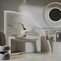 Modern Public Office Space Interior With White Curved Furniture Round Mirror And Lighting Fixtures