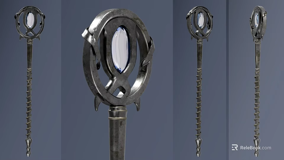 Ornate Magic Staff Weapon With Metallic Structure Blue Gemstone And Decorative Ring Design 3d model 