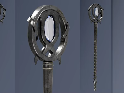 Ornate Magic Staff Weapon With Metallic Structure Blue Gemstone And Decorative Ring Design 3d model