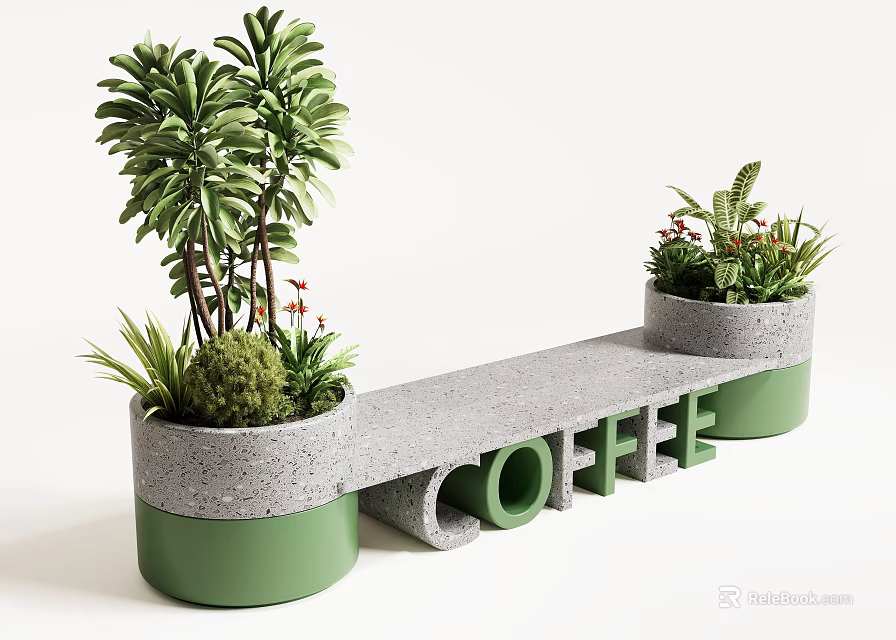 Concrete Outdoor Chair With Green Base And Coffee Lettering And Palm Plants 3d model 