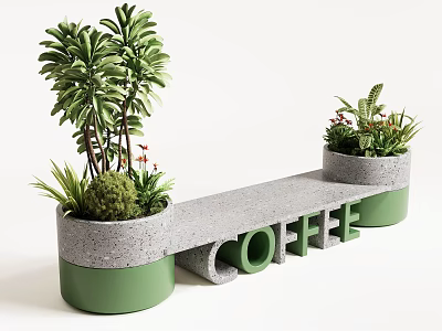 Concrete Outdoor Chair With Green Base And Coffee Lettering And Palm Plants 3d model