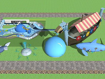 Colorful Kids Playground With Ship Shaped Structure Slide Blue Ball And Dolphin Decorations 3d model