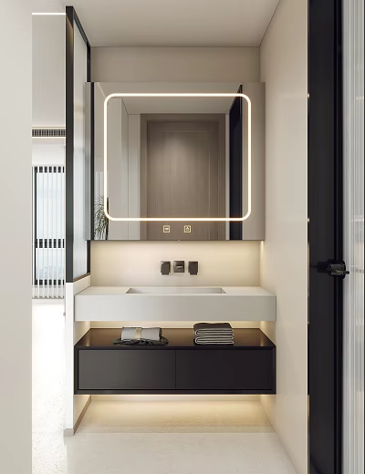 Modern Bathroom Interior With Illuminated Mirror White Vanity Stacked Towels And Cabinet 3d model