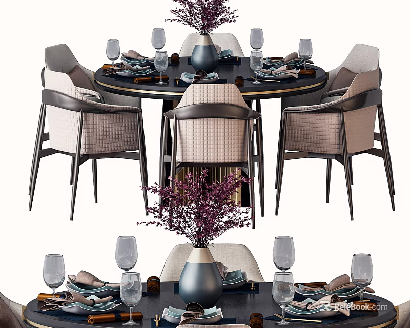 Modern Dining Table Set with Chairs Tableware Floral Vase and Table Decoration 3d model 
