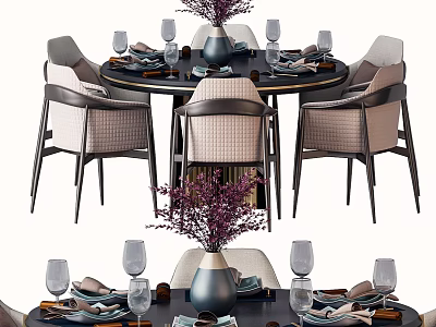 Modern Dining Table Set with Chairs Tableware Floral Vase and Table Decoration 3d model