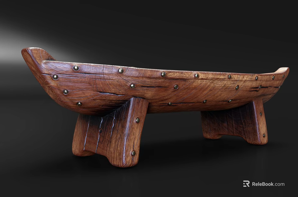 Wooden Boat Shaped Coffee Table With Decorative Metal Nails And Carved Legs 3d model 