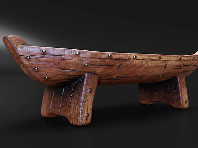 Wooden Boat Shaped Coffee Table With Decorative Metal Nails And Carved Legs 3d model