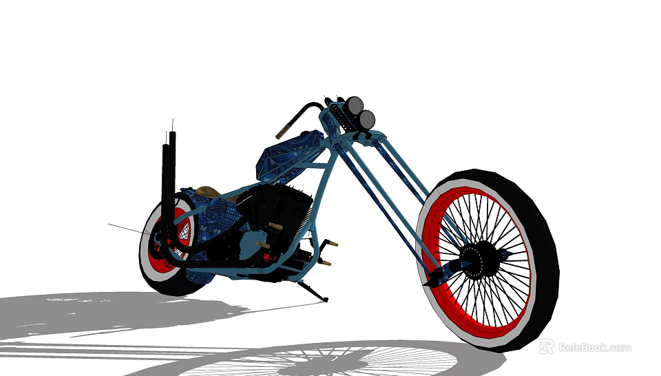 Custom Blue Motorcycle with Long Fork and Red White Rimmed Wheels 3d model 