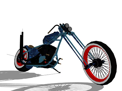 Custom Blue Motorcycle with Long Fork and Red White Rimmed Wheels 3d model