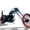 Custom Blue Motorcycle with Long Fork and Red White Rimmed Wheels