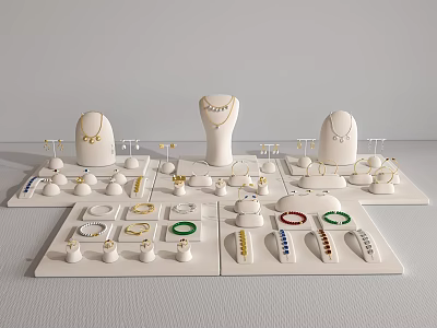 Elegant Jewelry Display With Necklaces Rings Earrings Bracelets On White Stands 3d model Elegant Jewelry Display With Necklaces Rings Earrings Bracelets On White Stands 3d model