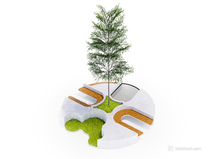Modern Tree Pit With Circular Design Wooden Seating And Green Grass Patches 3d model 