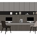 Modern Home Office Desk With Two Computers Chairs Striped Wall And Storage Cabinets