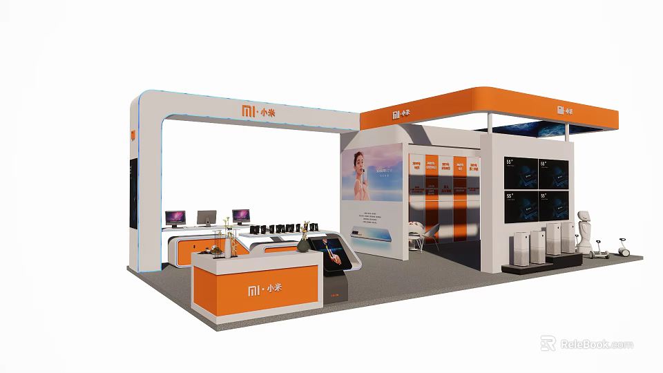 Linnei Exhibition Booth Design Featuring Orange White Structure And Digital Displays 3d model 