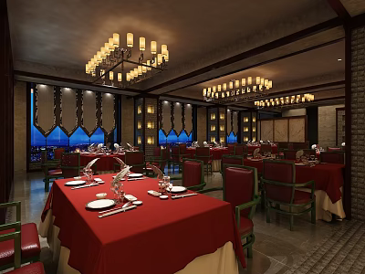Elegant Restaurant Interior With Red Tablecloths Green Chairs Chandeliers And Decorative Windows 3d model