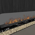 Modern Fireplace Interior With Burning Flames Dark Wooden Wall And Patterned Countertop Cabinets