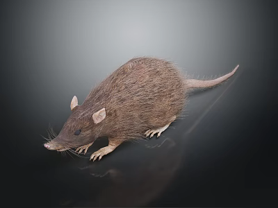 Brown Furry Rat Standing on Dark Reflective Surface With Detailed Whiskers and Tail 3d model