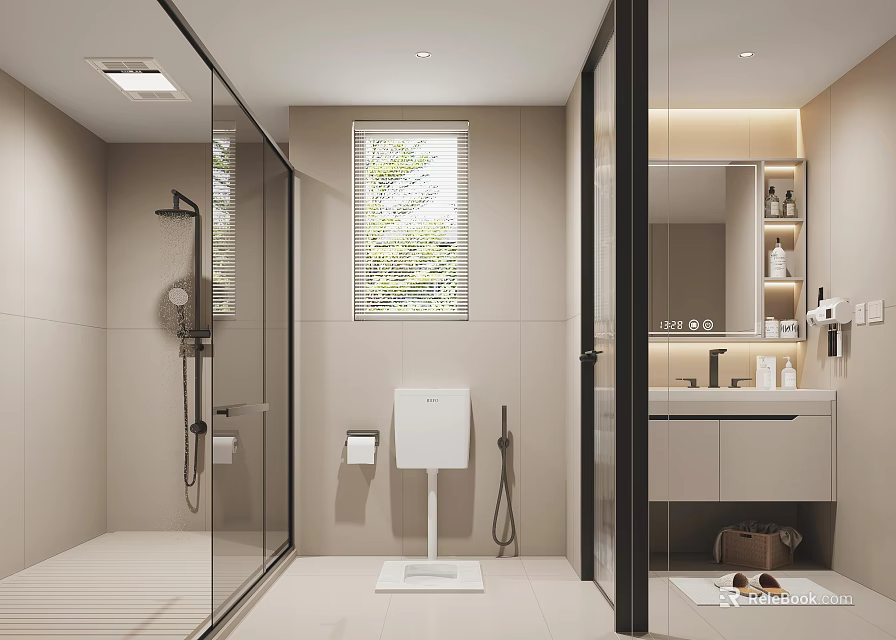 Modern Bathroom Interior With Glass Shower Window Smart Toilet And Vanity Mirror 3d model 
